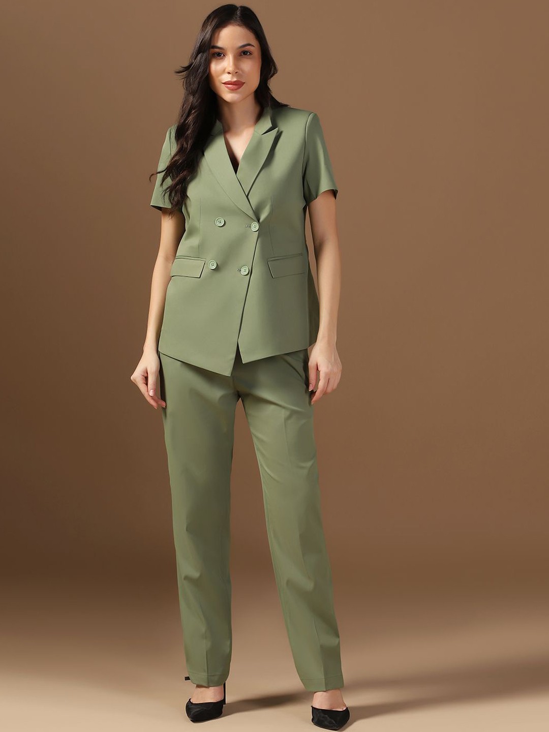 

TAHVO Women Double-Breasted Short Sleeves Two-Piece Suit, Green