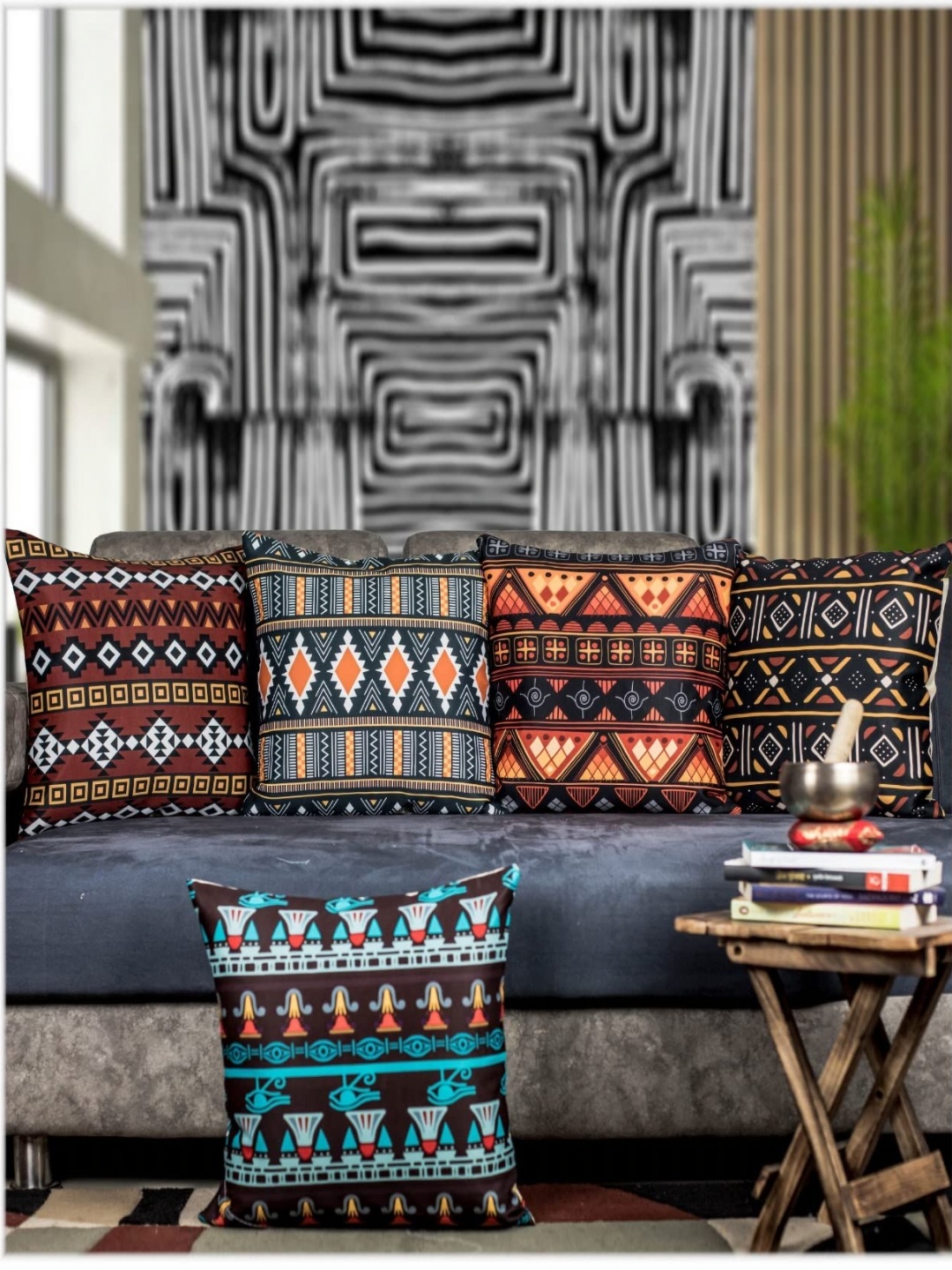 

Vendola Brown & Orange 5 Pieces Geometric Printed Square Cushion Covers
