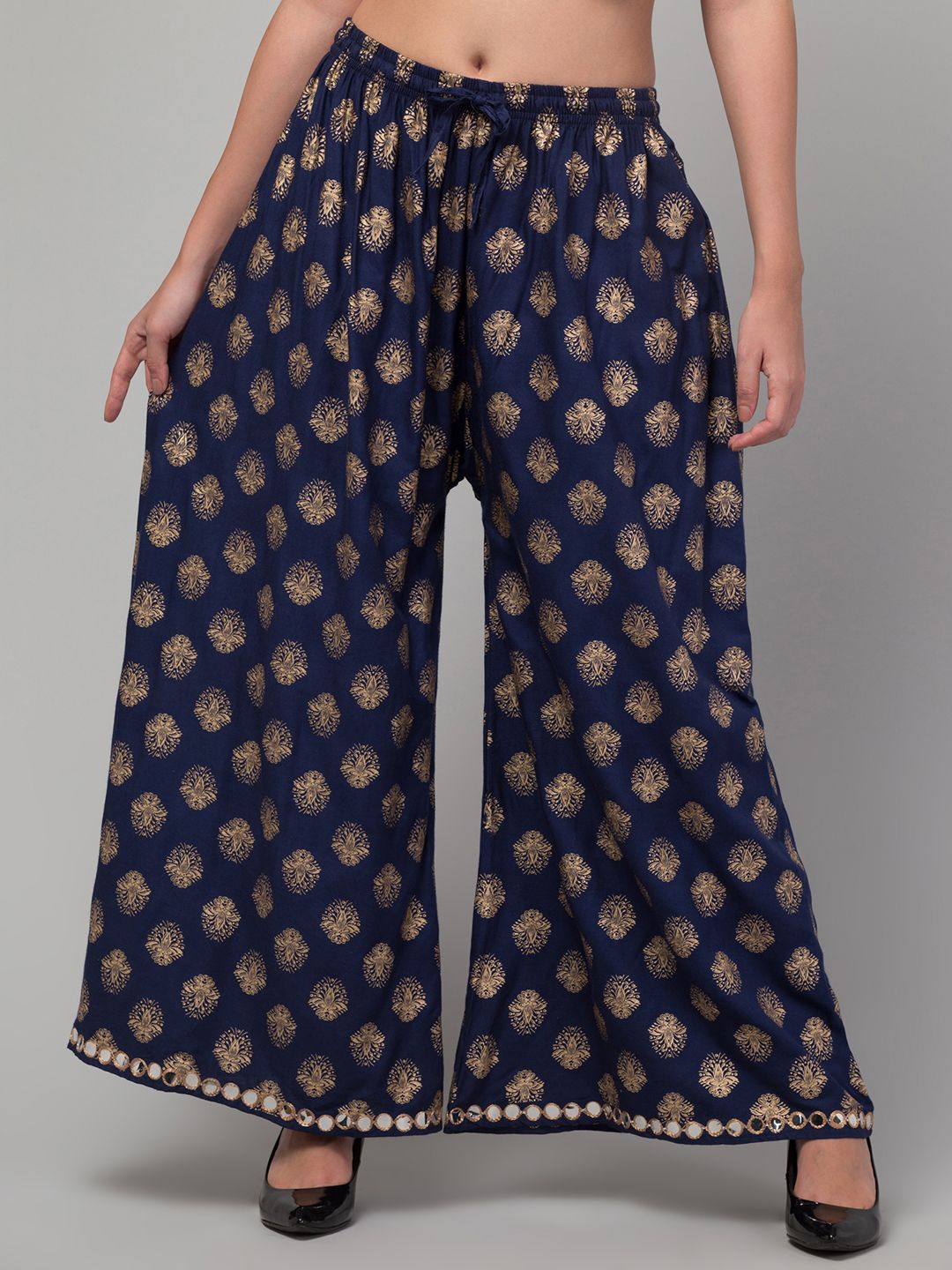 

FAMBEE Women Ethnic Motifs Printed Flared Knitted Palazzos, Navy blue
