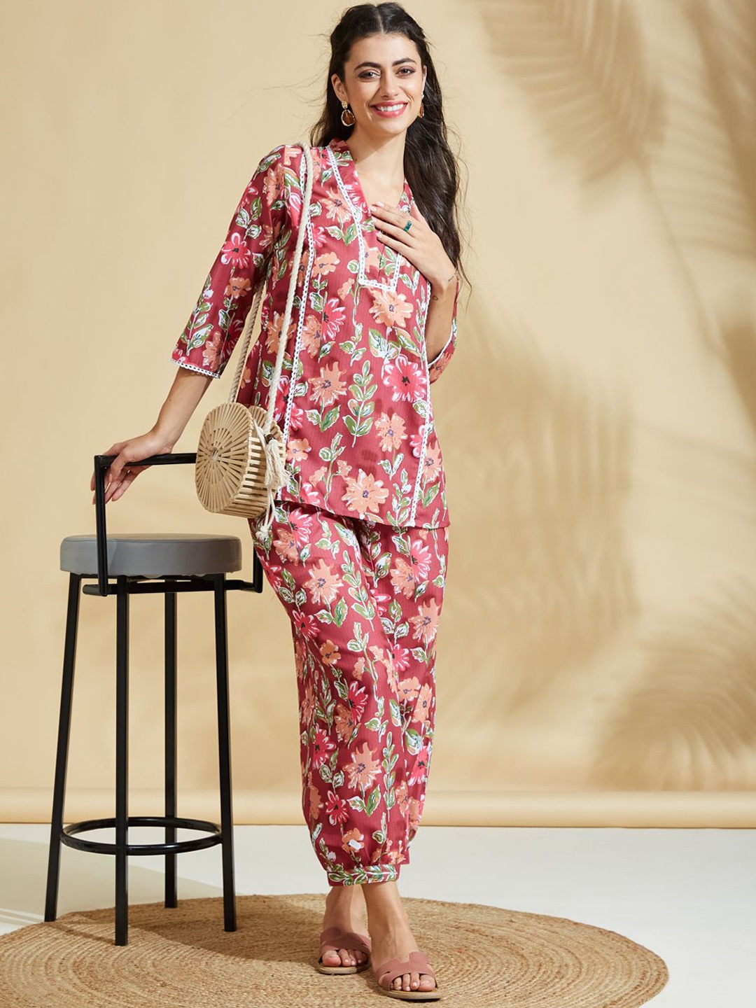 

J Turritopsis Floral Printed V-Neck Tunic With Trousers, Rust