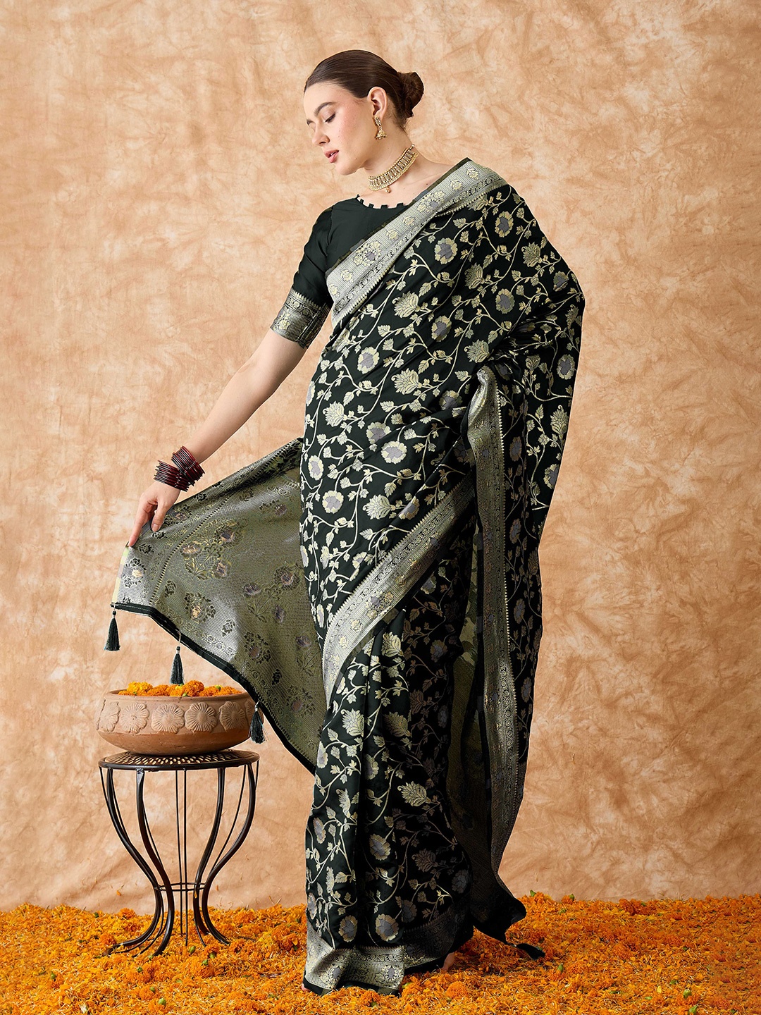 

Sangria Woven Design Banarasi Saree With Blouse, Black