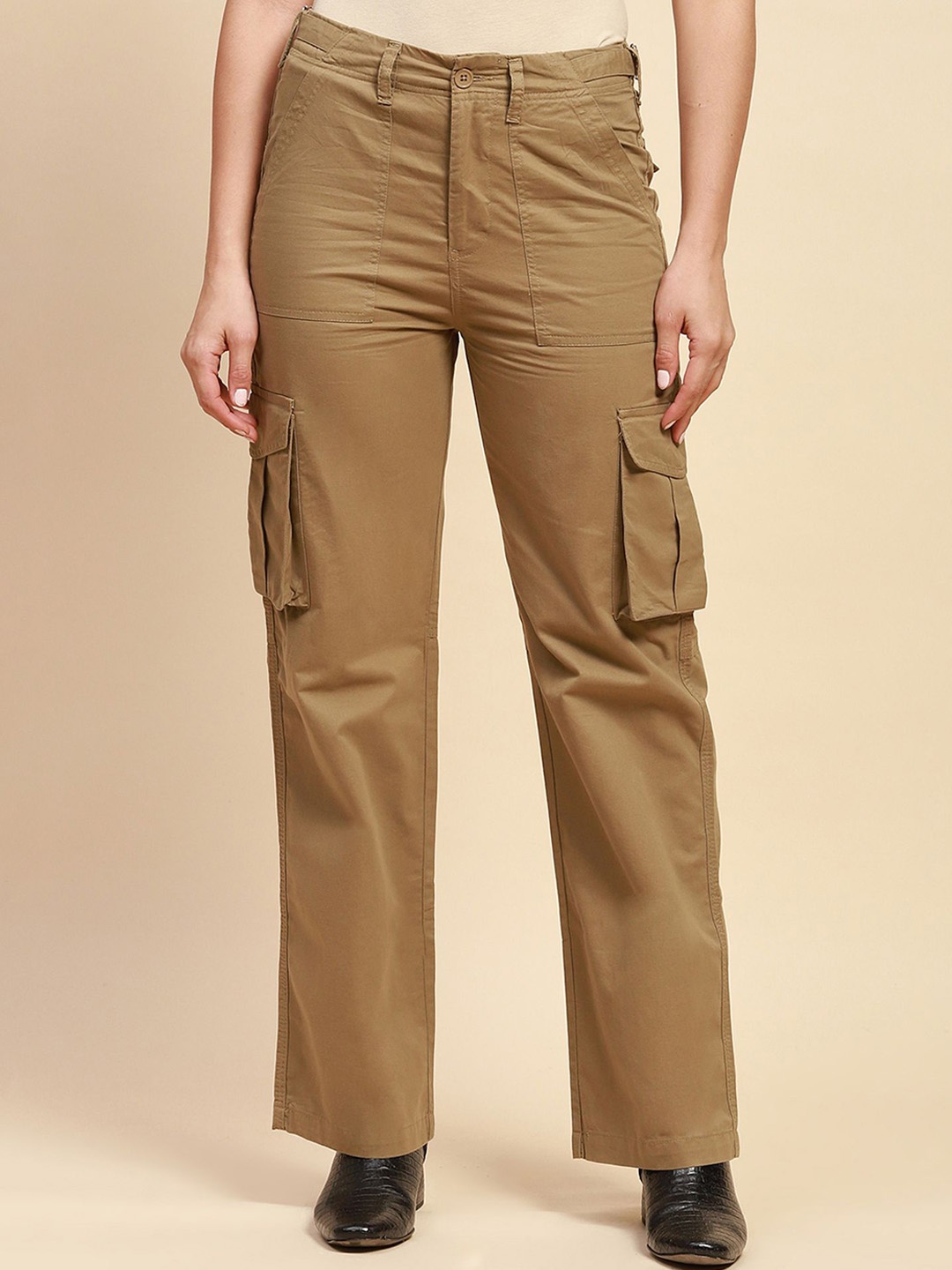 

Global Republic Women Relaxed Straight Leg Straight Fit High-Rise Cargos Trousers, Beige