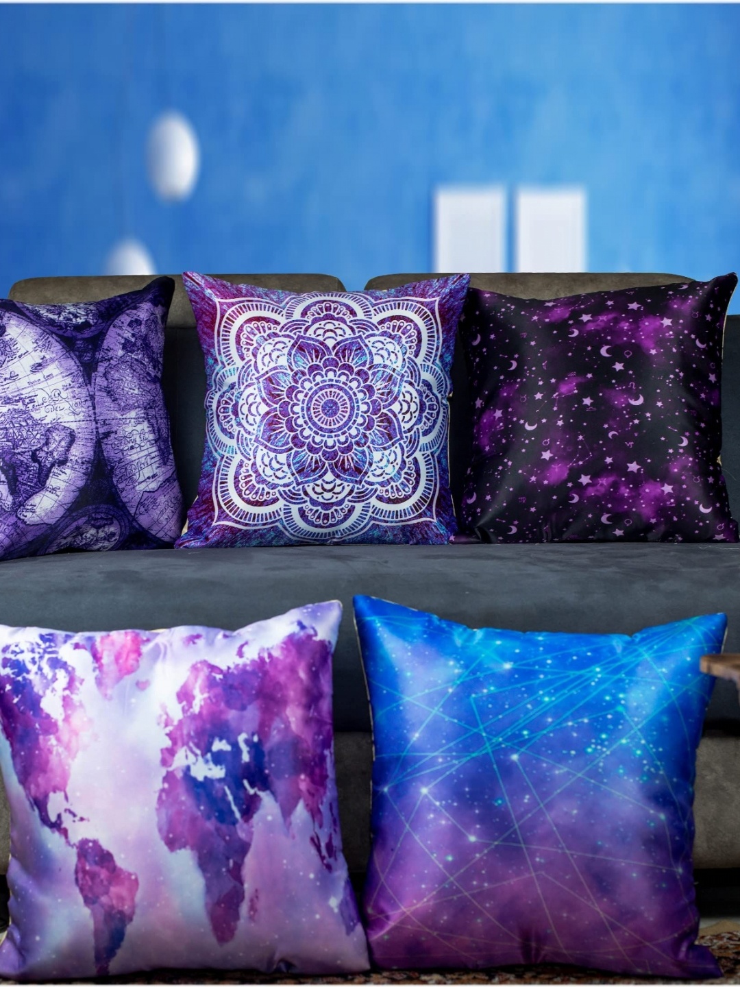 

Vendola Blue & Black 5 Pieces Abstract Square Cushion Covers