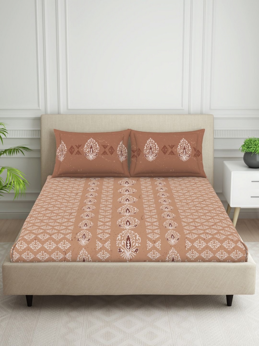 

SPACES Brown Ethnic Motifs Printed132 TC Pure Cotton Queen Bedsheet With 2 Pillow Covers