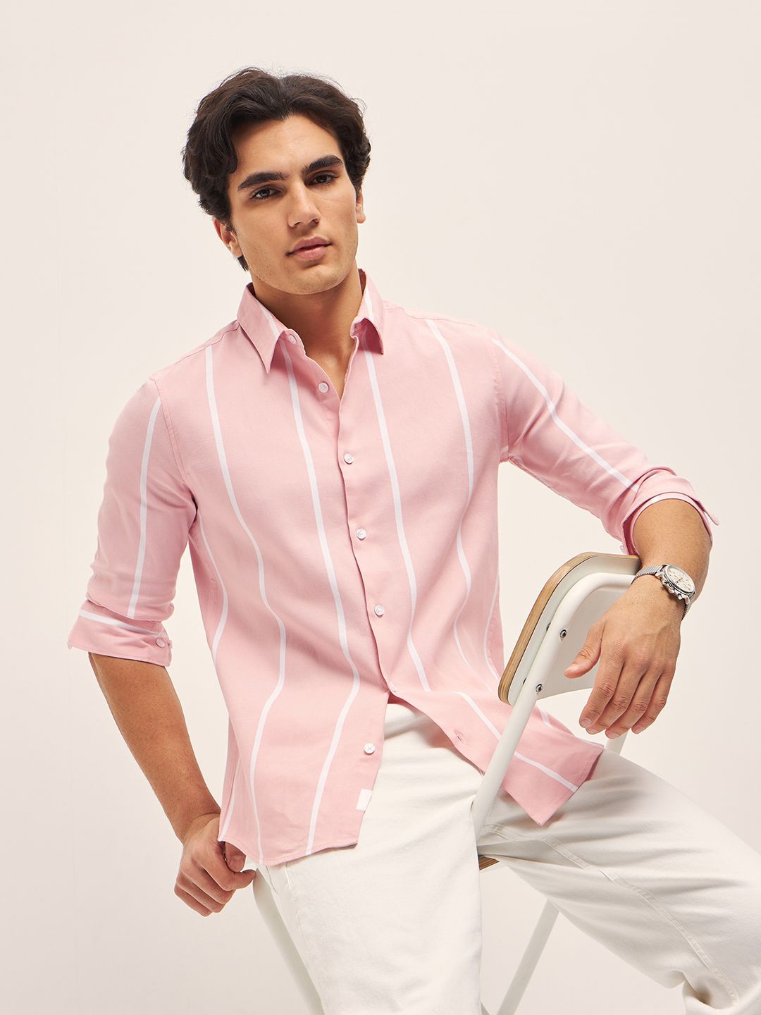 

THE BEAR HOUSE Men Striped Cotton Slim Fit Casual Shirt, Pink