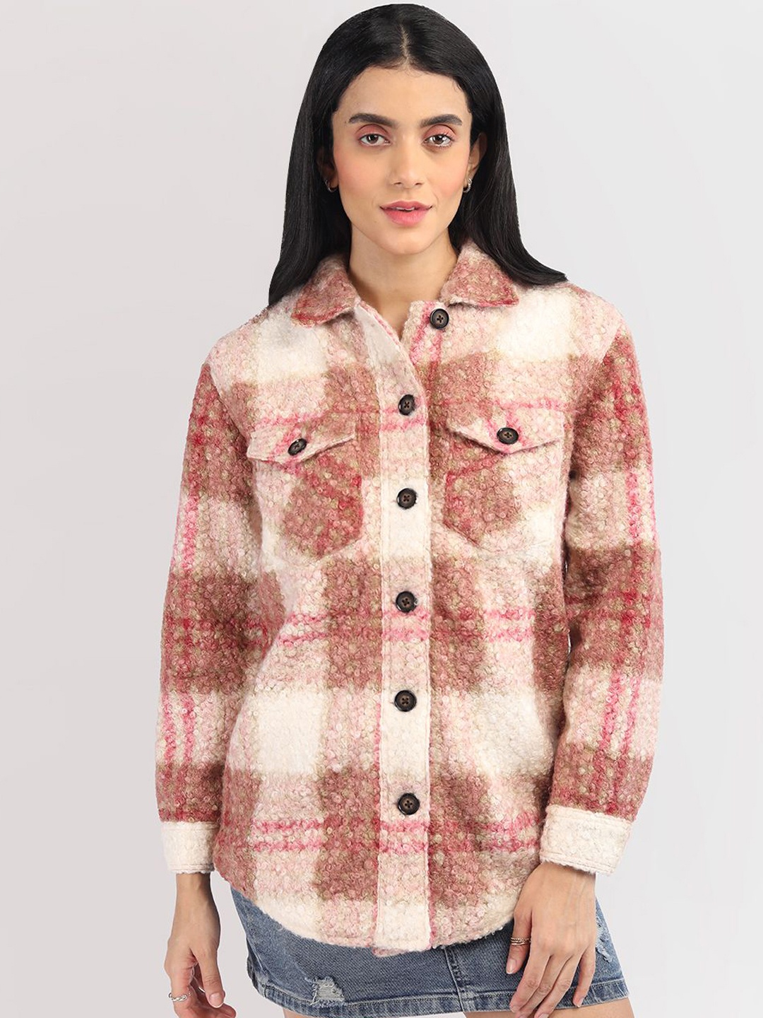 

HONNETE Women Checked Single-Breasted Overcoat, Pink