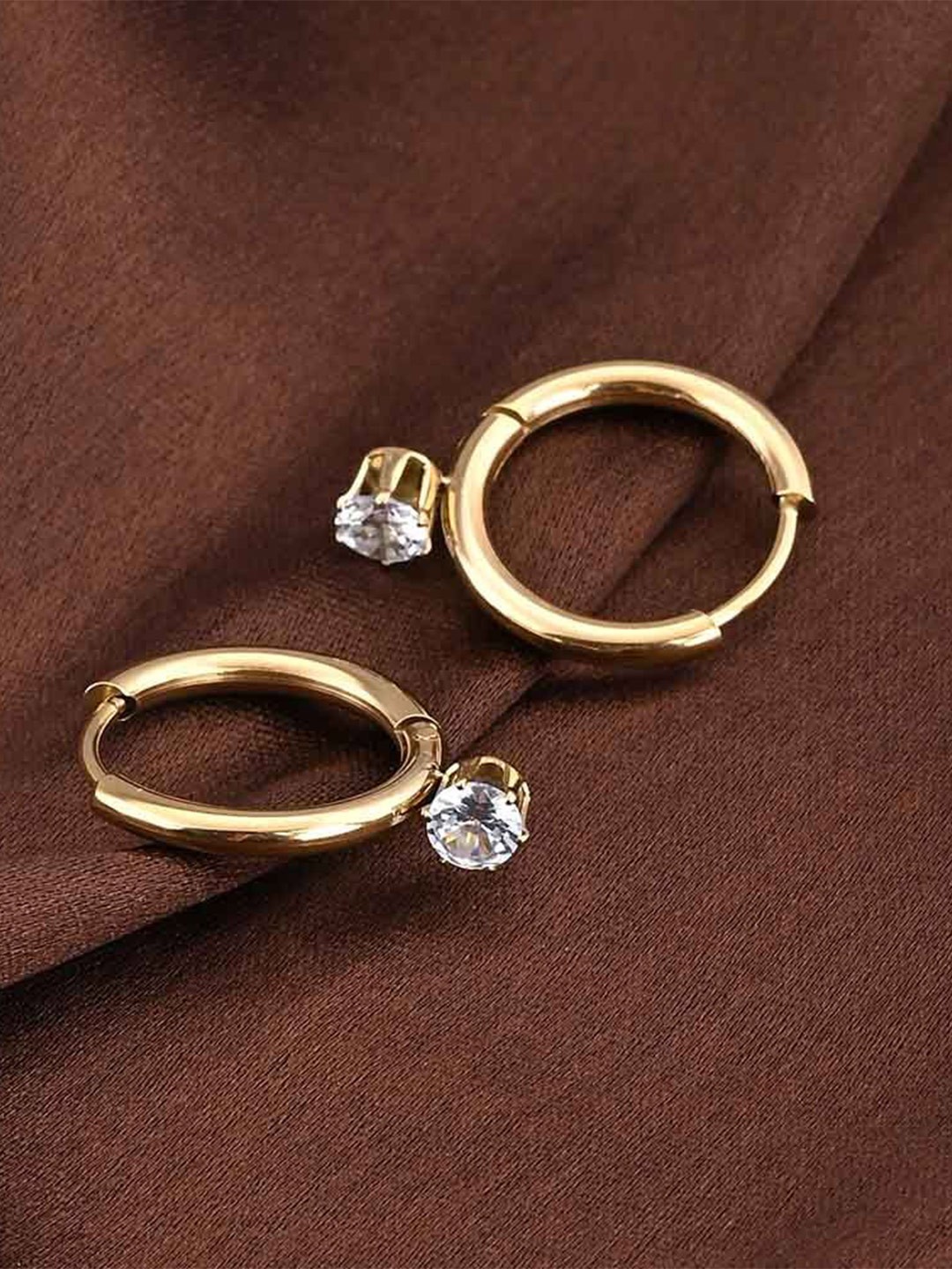 

PALMONAS Stainless Steel Gold Plated Stone Studded Circular Hoop Earrings