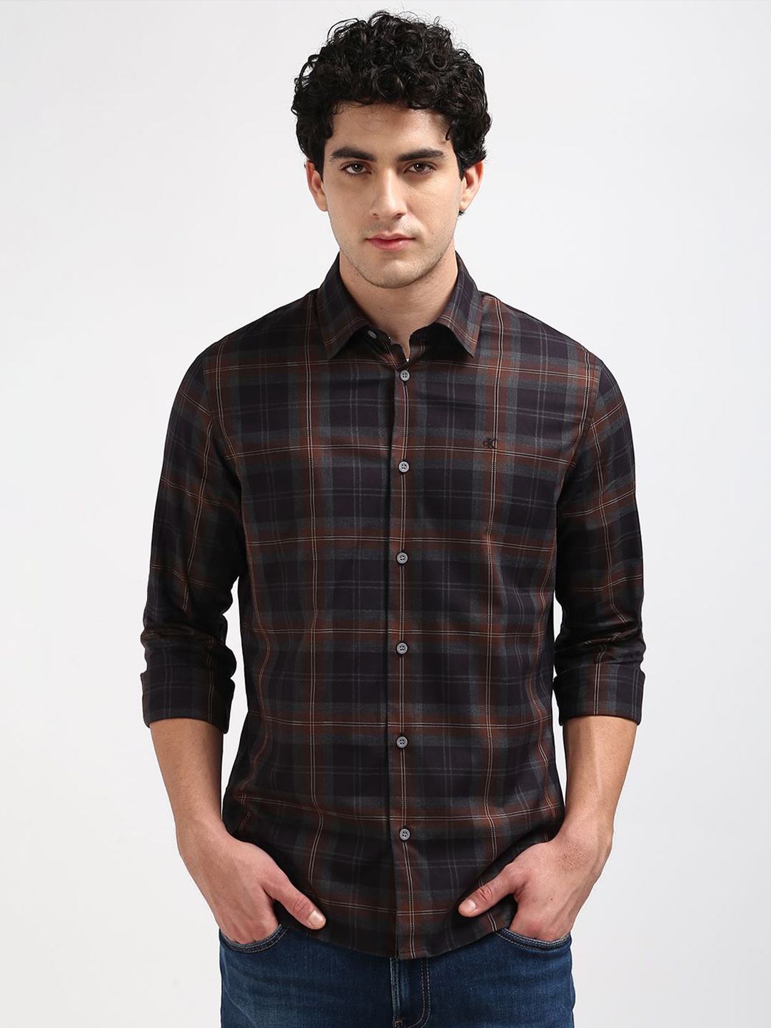 

Calvin Klein Jeans Men Spread Collar Tartan Checked Cotton Casual Shirt, Brown