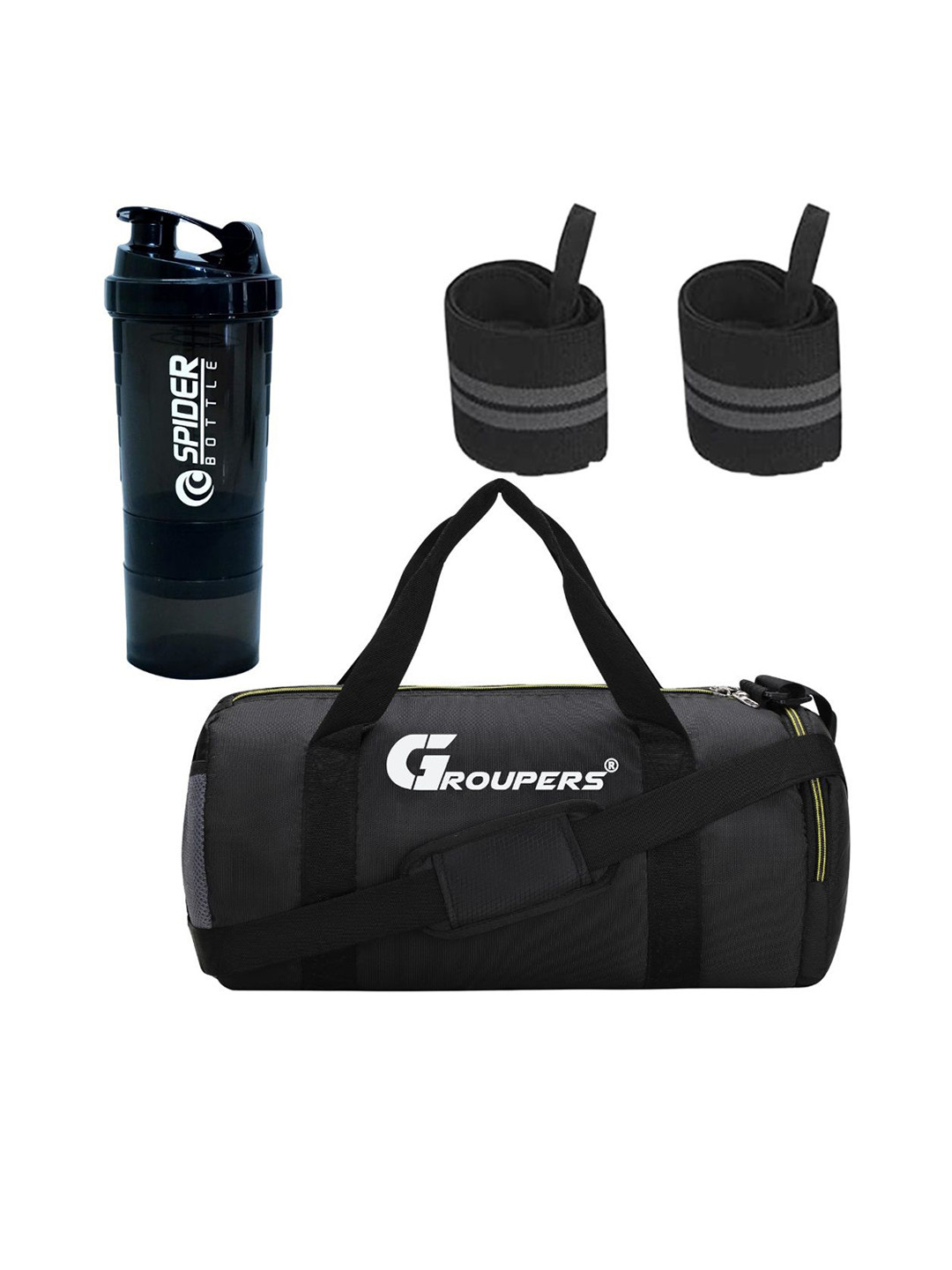 

GROUPERS Medium Foldable Gym Duffel Bag Bag With Shaker Bottle & Wrist Band, Black