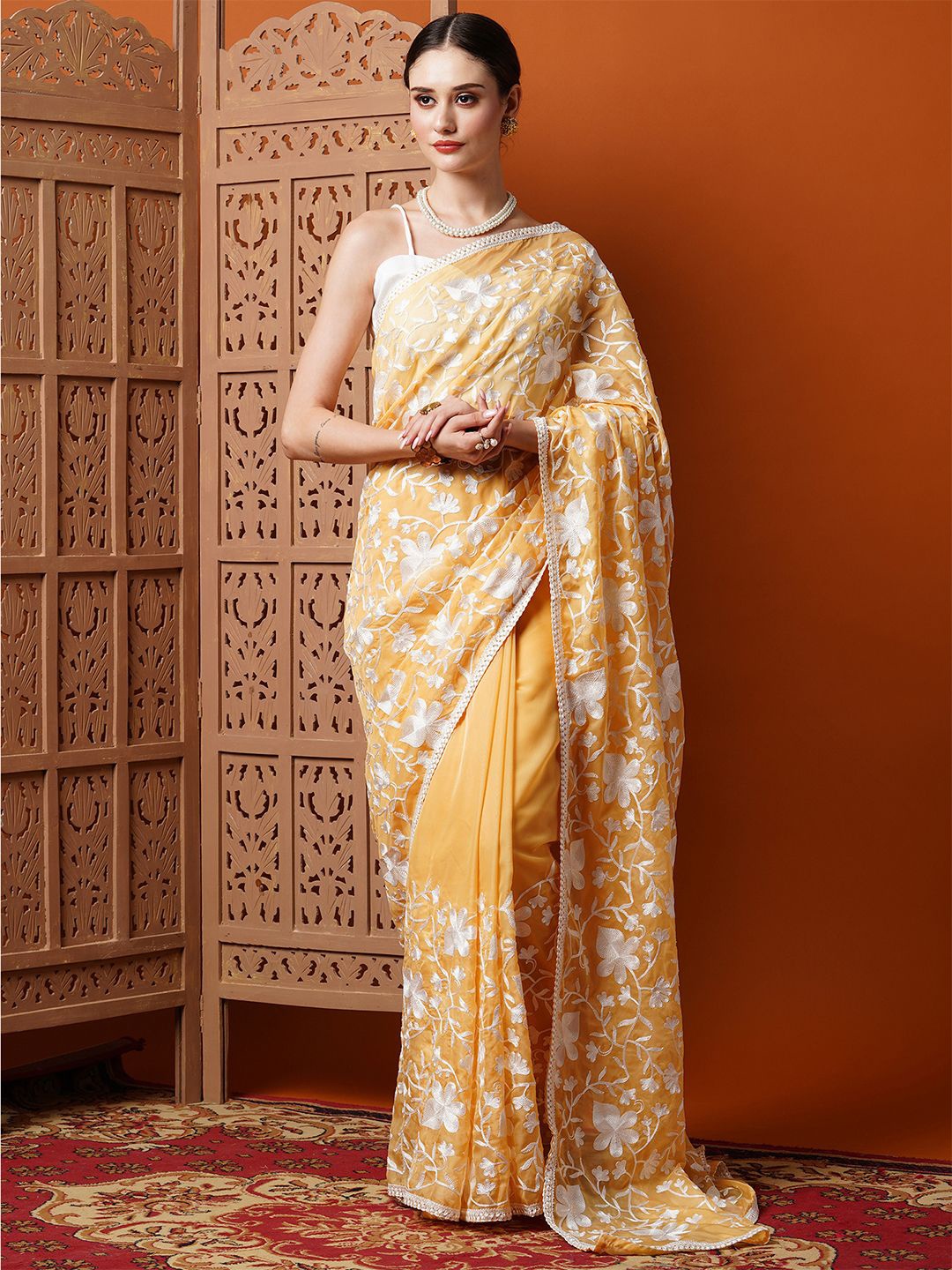 

KALINI Floral Embroidered Organza Saree, Yellow