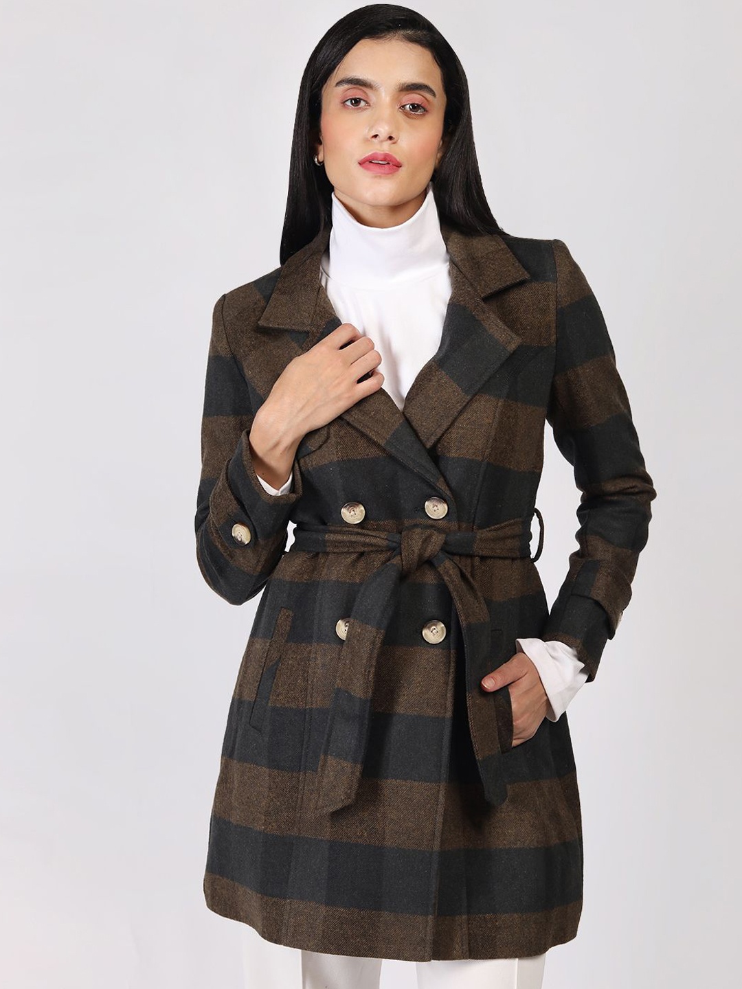 

HONNETE Women Checked Parka Coat, Brown