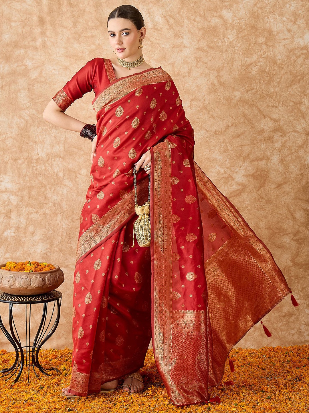

Sangria Woven Design Banarasi Saree With Blouse, Red