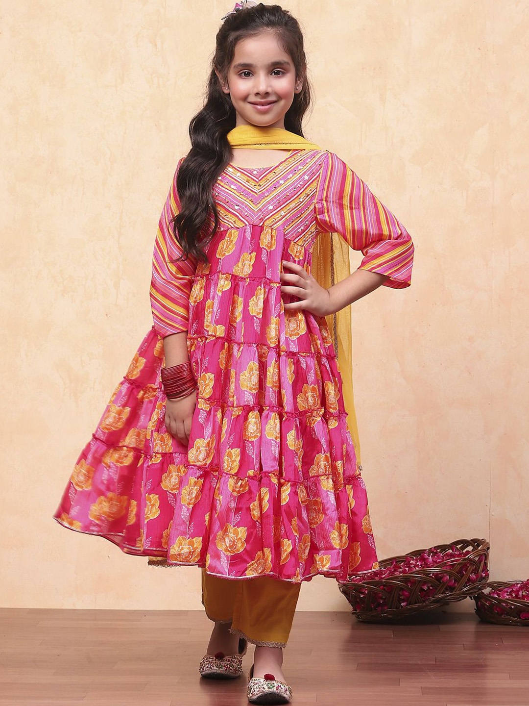 

Biba Girls Floral Printed Tiered Anarkali Kurta with Palazzos & Dupatta, Pink