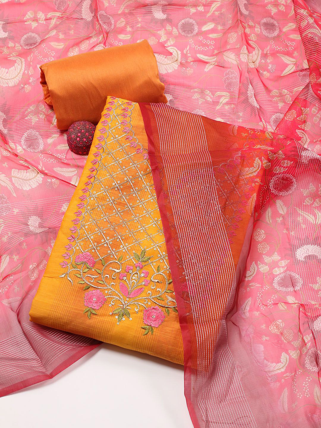 

Meena Bazaar Embroidered Art Silk Unstitched Dress Material, Yellow