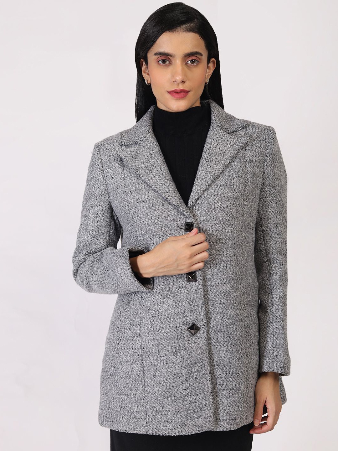 

HONNETE Women Self Design Single-Breasted Winter Trench Coats, Grey