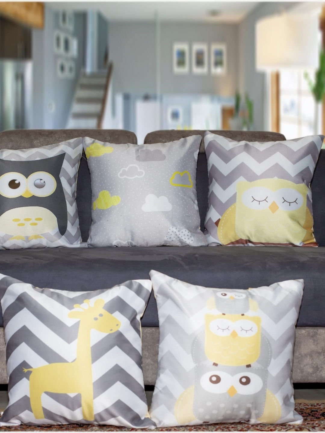 

Vendola Grey & Yellow 5 Pieces Quirky Satin Square Cushion Covers