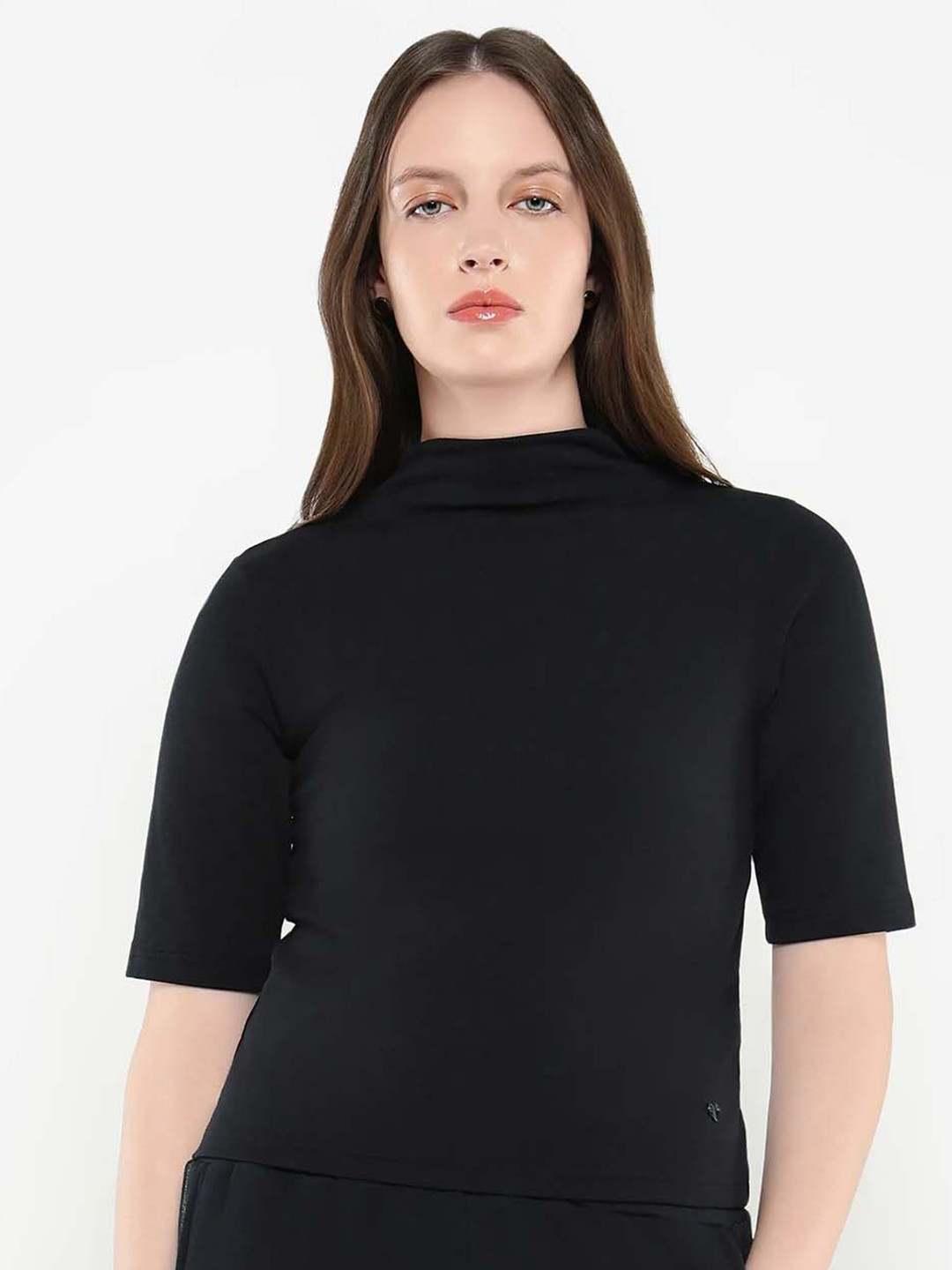 

RAREISM Women Solid High Neck Cotton Top, Black