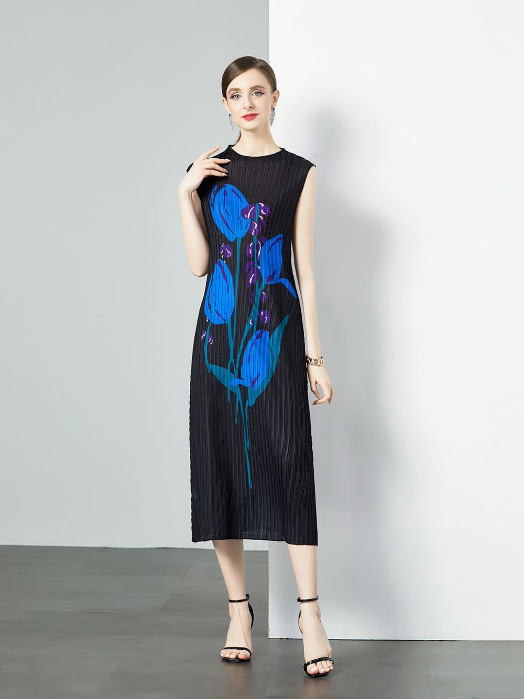 

JC Collection Floral Printed A-Line Midi Dress, Black