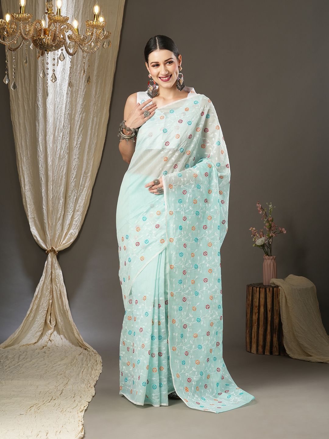 

KALINI Floral Embroidered Jamdani Saree, Turquoise blue