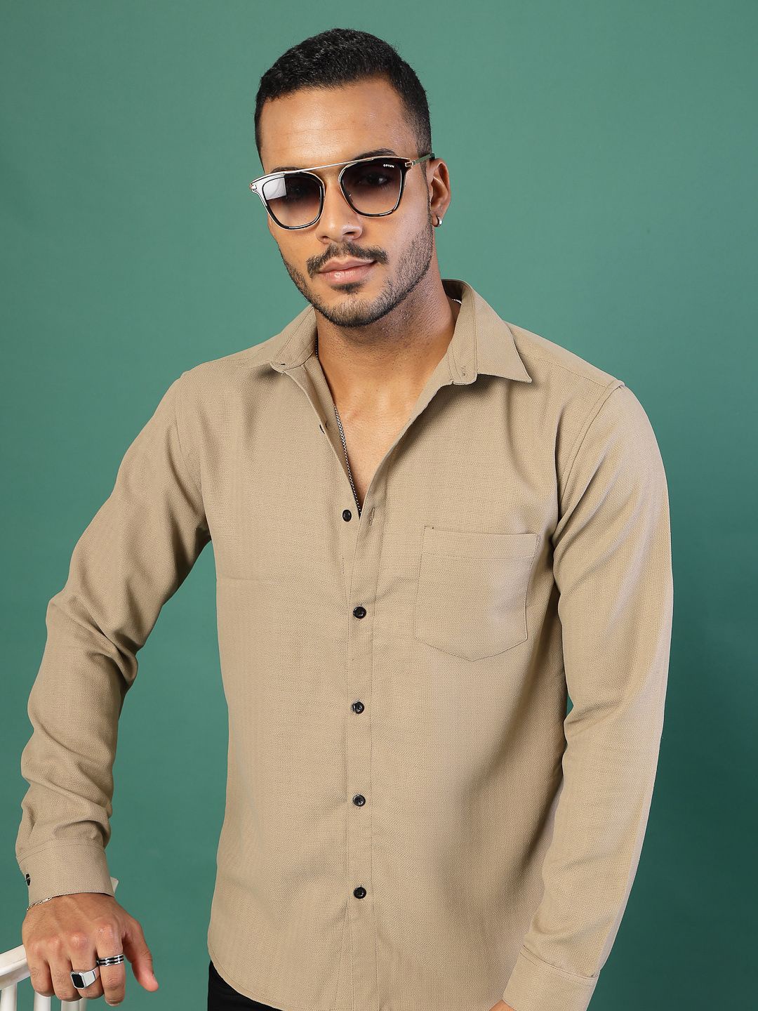 

Rigo Men Comfort Spread Collar Solid Linen Casual Shirt, Beige