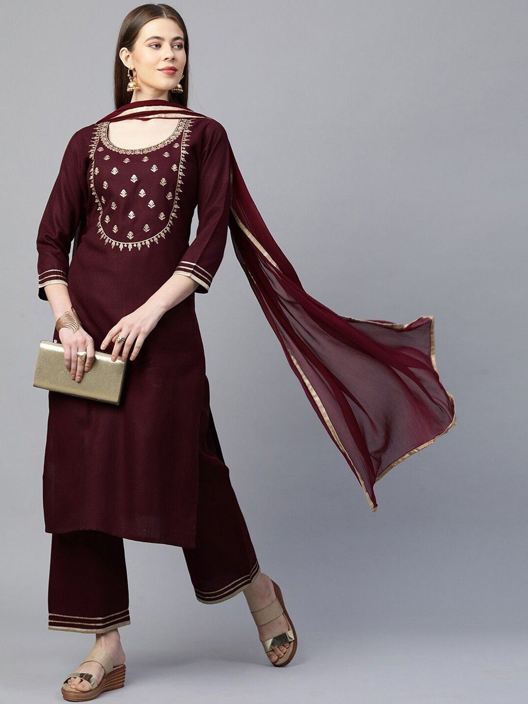 

GoSriKi Women Floral Embroidered Regular Kurta with Trousers & With Dupatta, Maroon