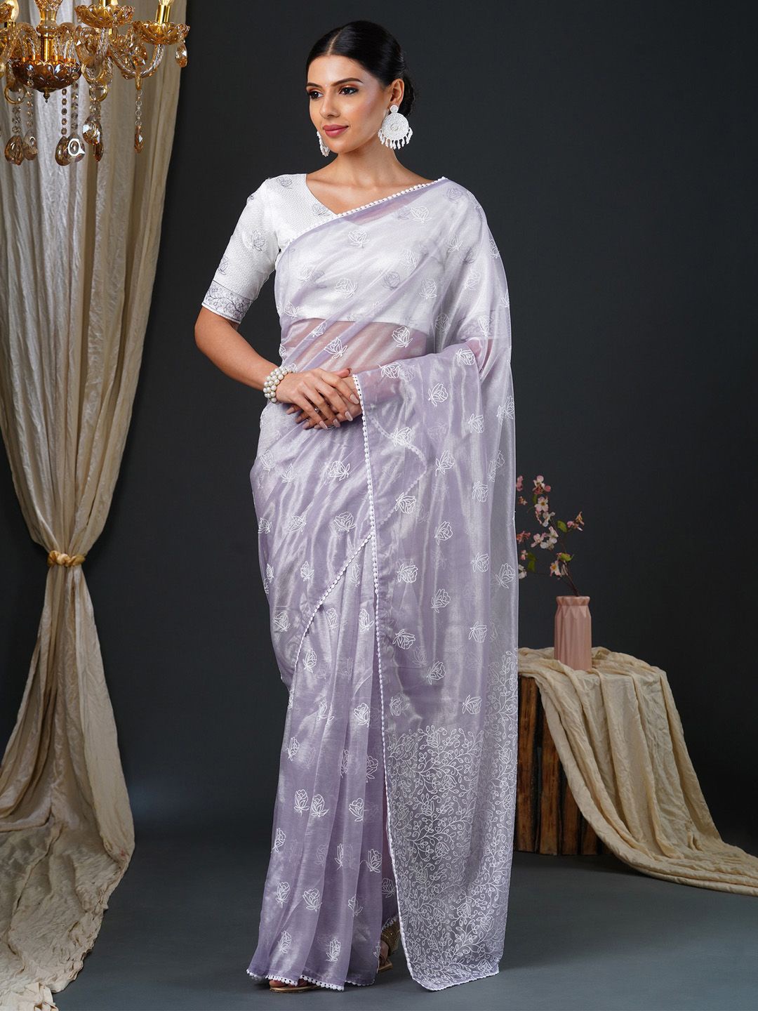 

KALINI Ethnic Motifs Organza Saree, Lavender