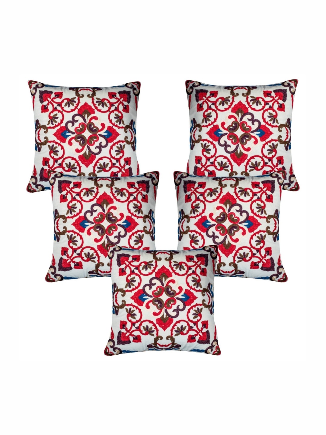 

Vendola Red & White & Red 5 Pieces Ethnic Motifs Embroidered Velvet Square Cushion Covers