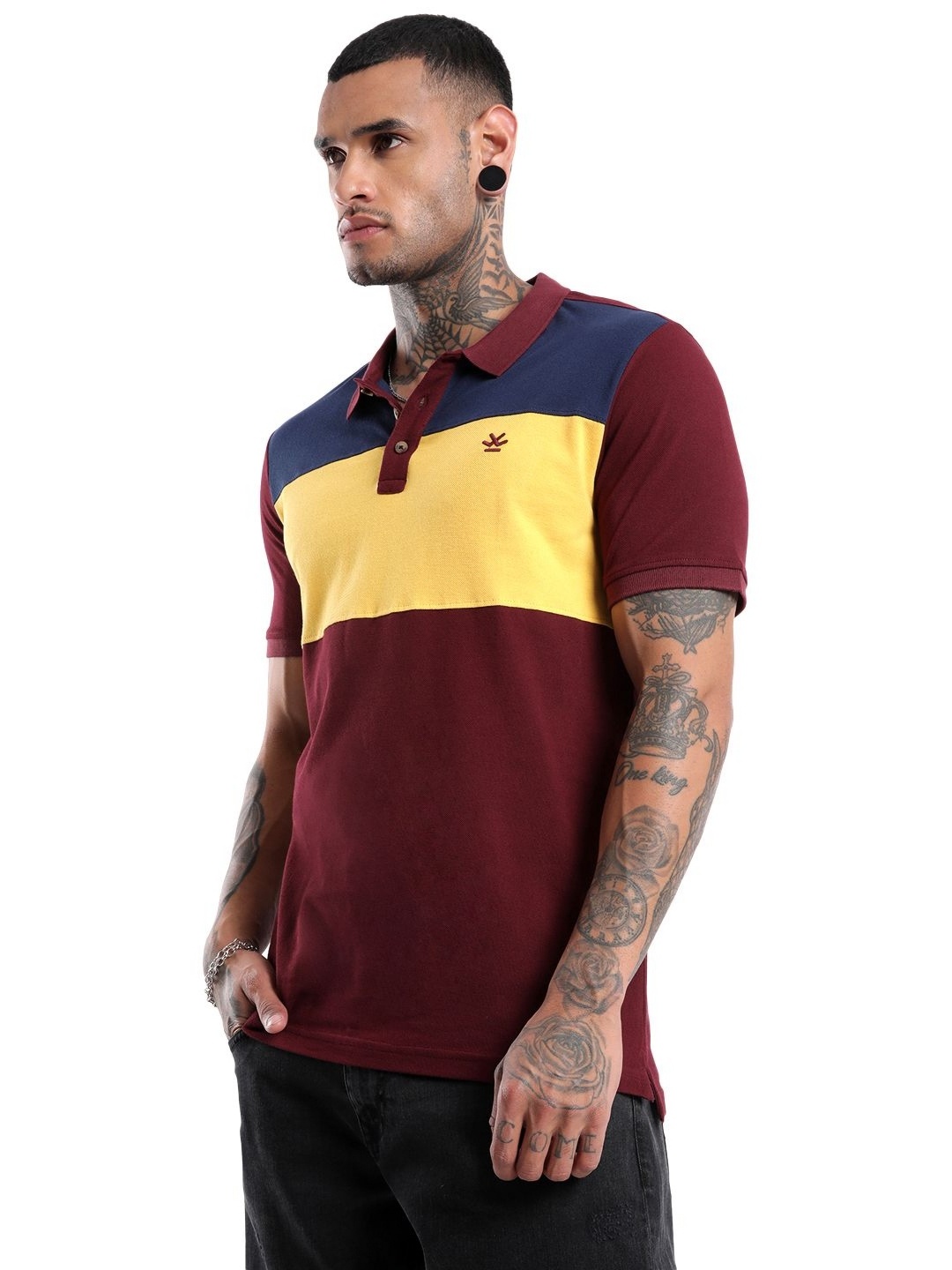 

WROGN Men Colourblocked Polo Collar Pure Cotton Slim Fit T-shirt, Maroon