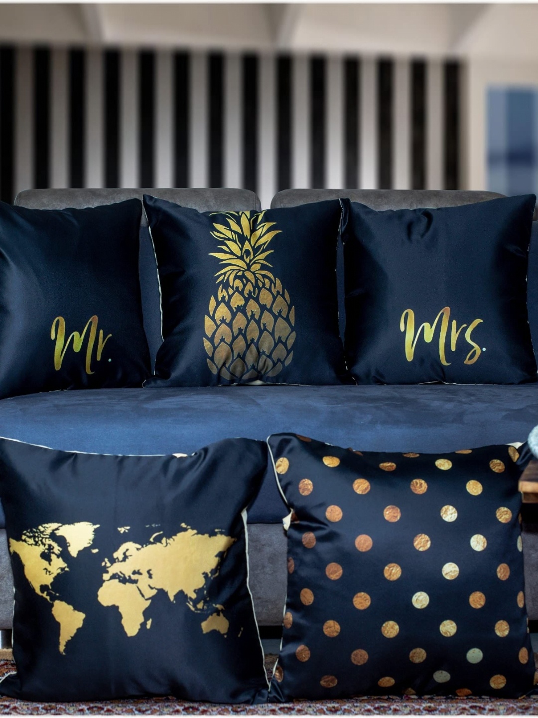 

Vendola Blue & Yellow 5 Pieces Ethnic Motifs Printed Satin Square Cushion Covers