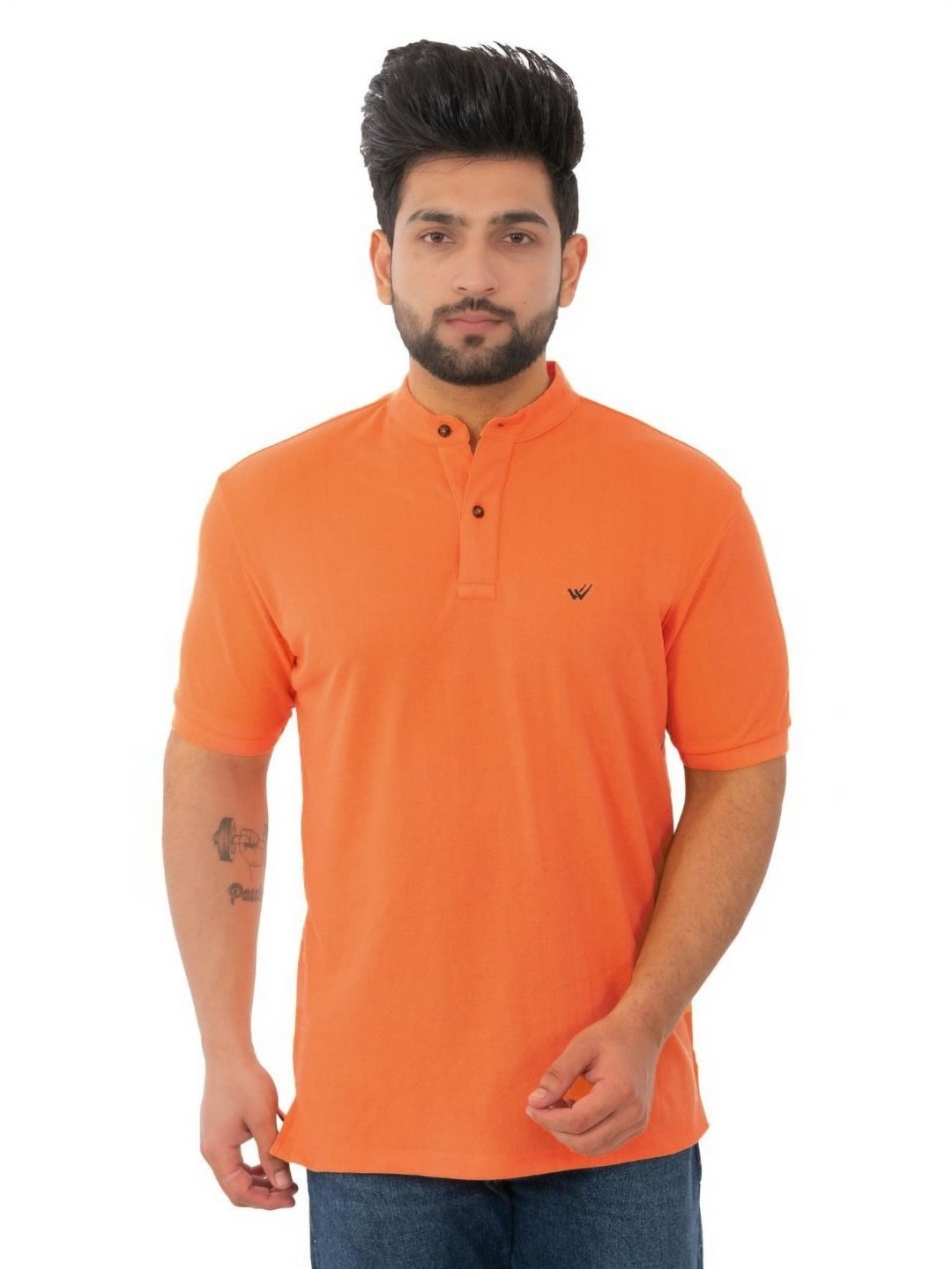 

WILD COPS Men Relaxed Fit Mandarin Collar T-shirt, Orange