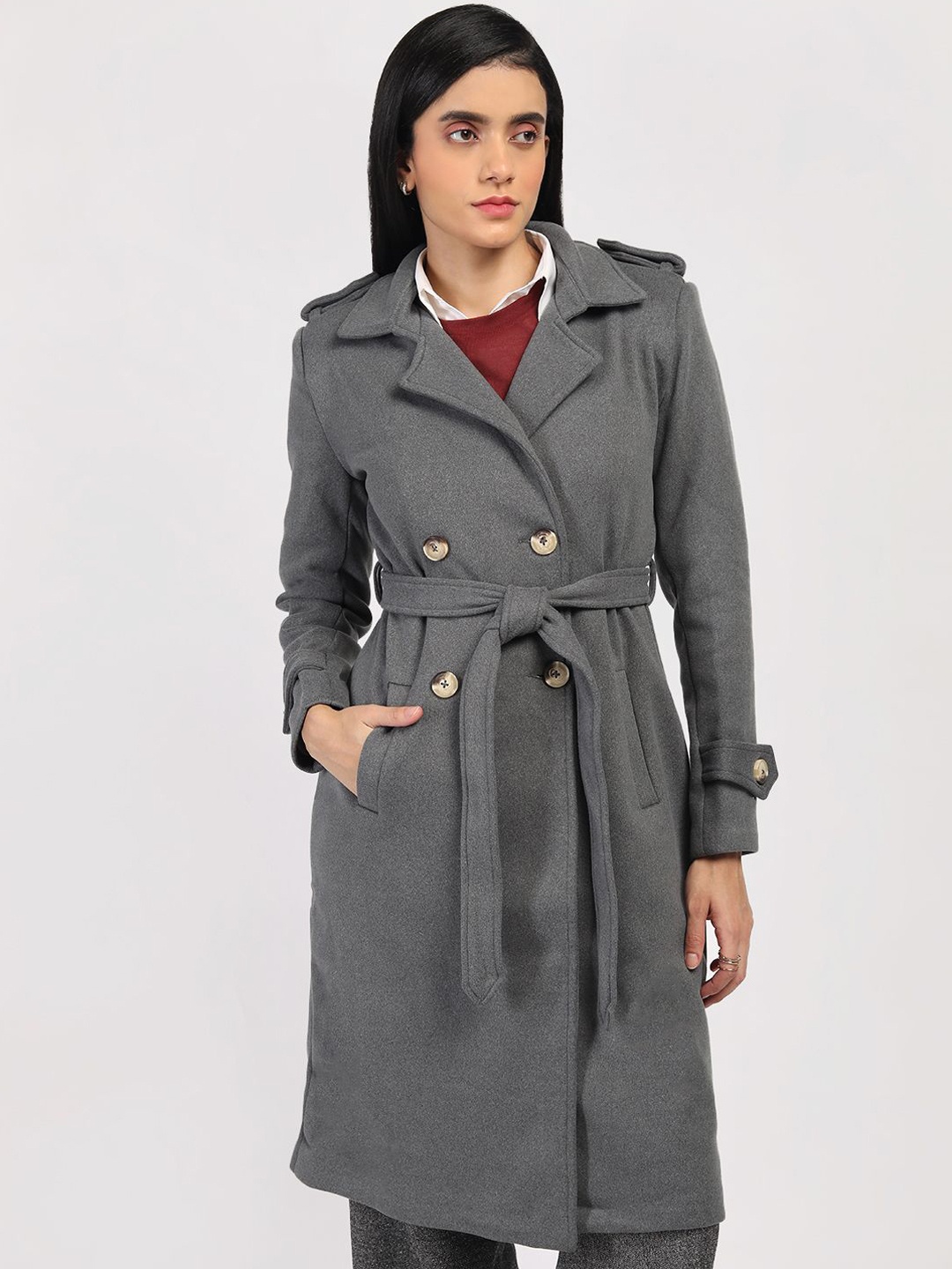 

HONNETE Women Notched Lapel Double-Breasted Overcoat, Grey