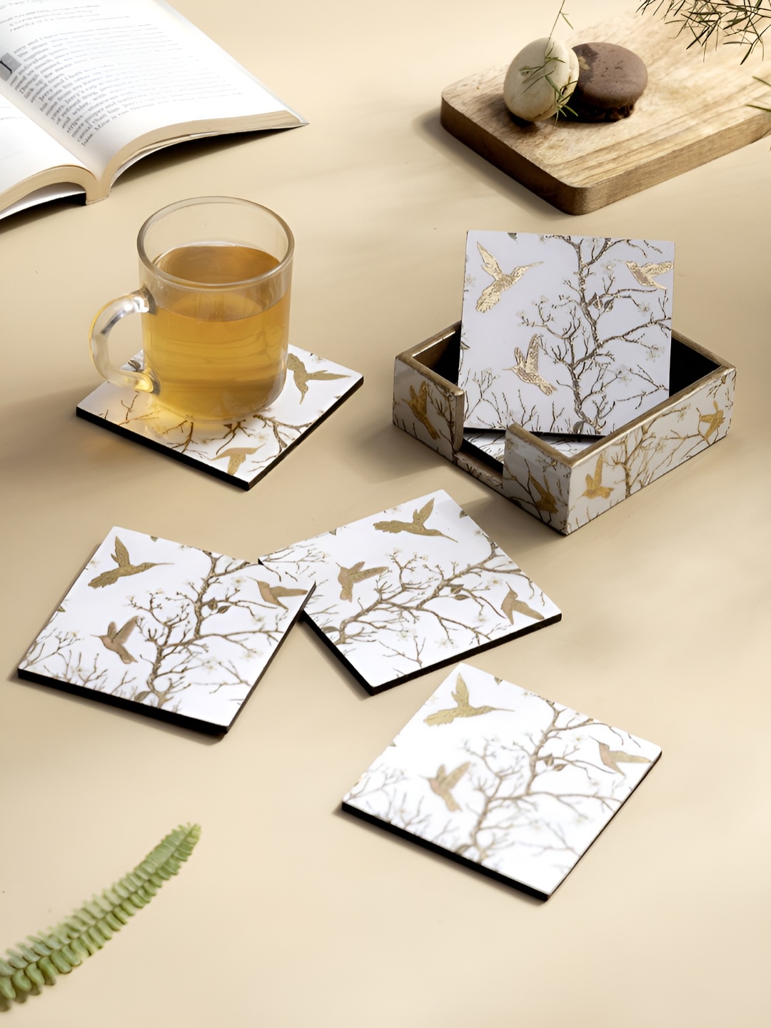 

DULI White 6 Pieces Printed Wooden Square Coasters