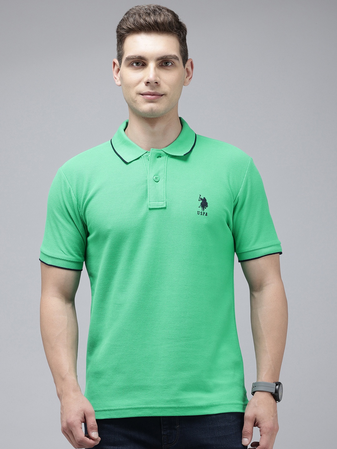 

U.S. Polo Assn. Polo Collar Self Design Pure Cotton Slim Fit T-shirt, Green