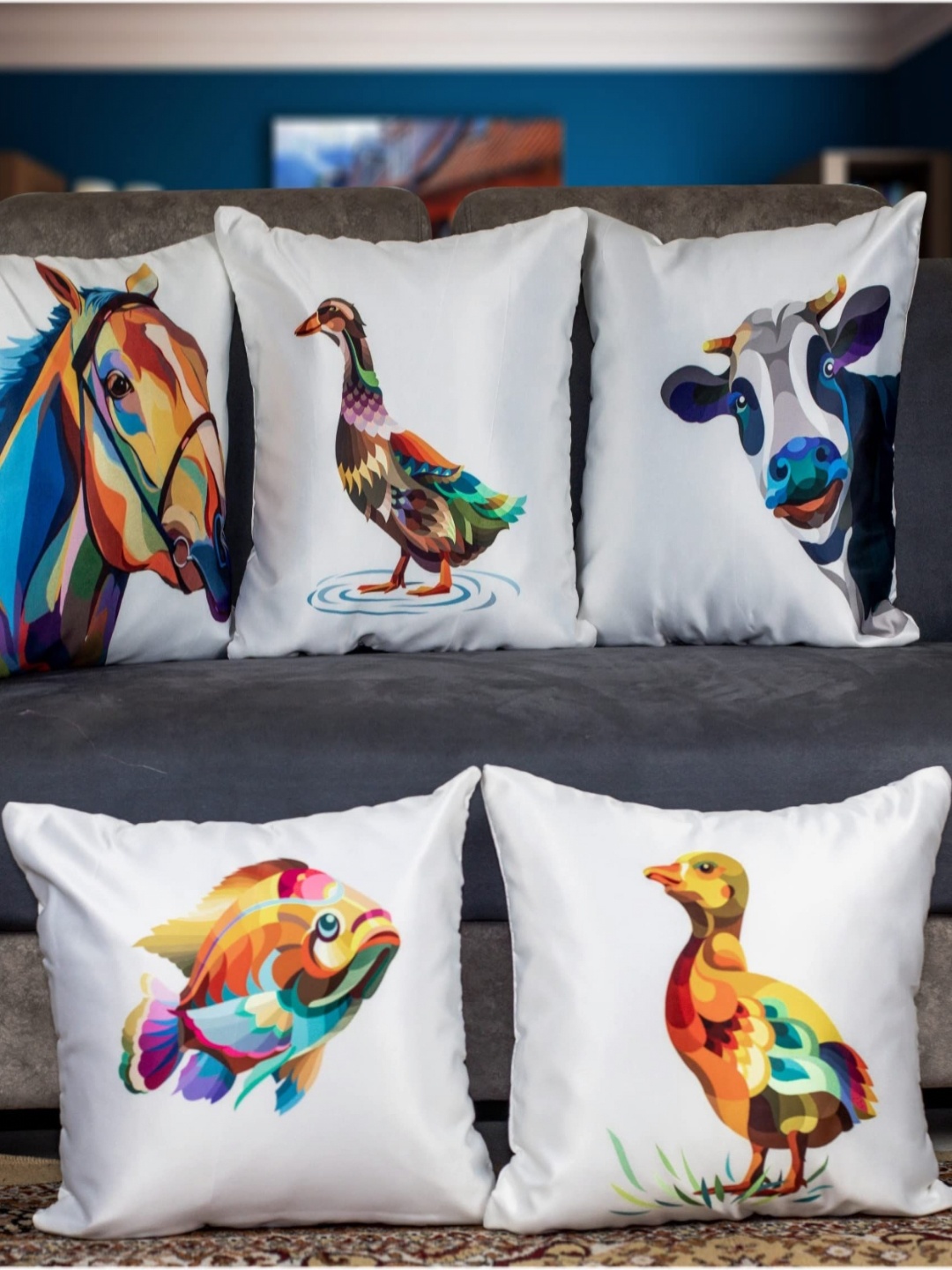 

Vendola White & Blue 5 Pieces Geometric Satin Square Cushion Covers