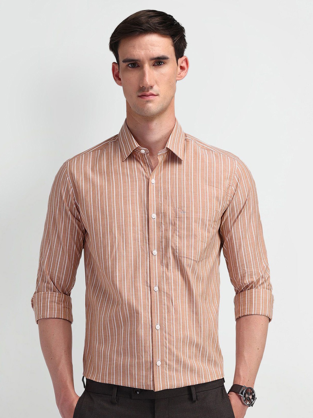 

Arrow Men Modern Slim Fit Opaque Striped Formal Shirt, Brown