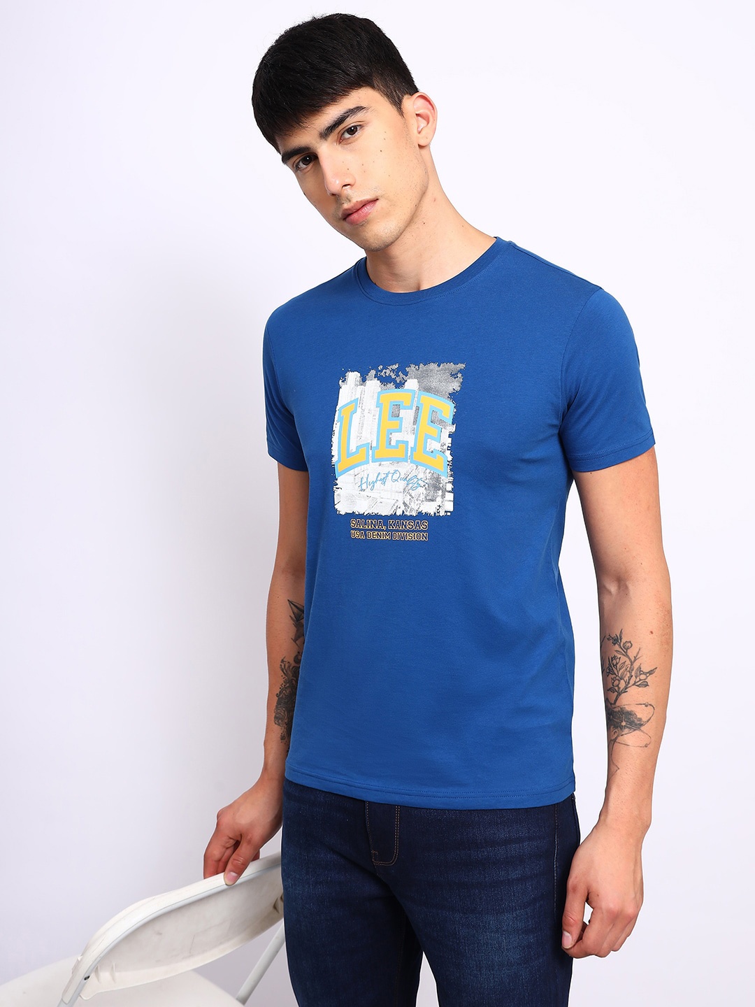 

Lee Typography Printed Round Neck Cotton Slim Fit T-shirt, Blue