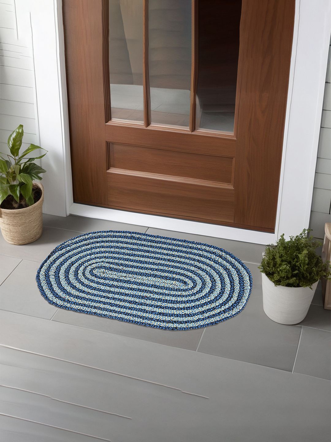 

Kuber Industries Blue & Beige 2 Pieces Cotton Anti-Slip Doormats