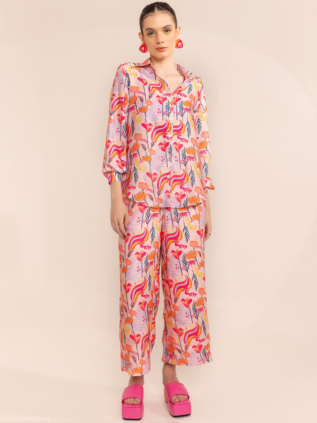 

KAORI BY SHREYA AGARWAL Printed Pure Cotton Top & Trouser With Shirt, Pink