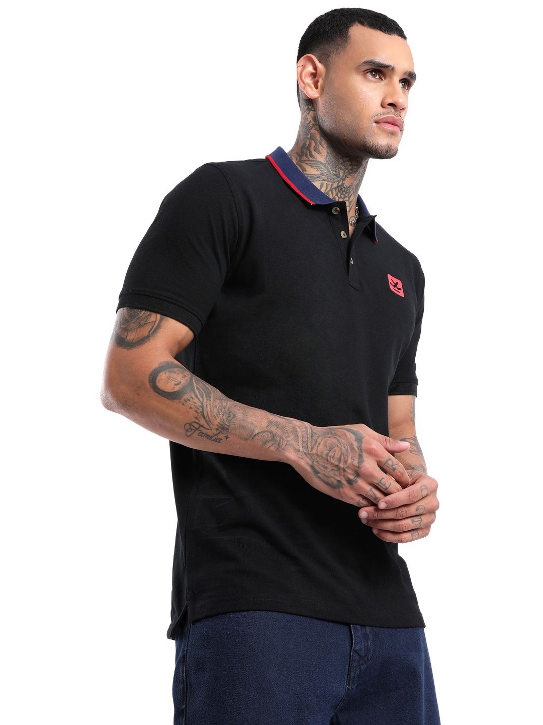

WROGN Men Abstract Printed Polo Collar Pure Cotton Slim Fit T-shirt, Black