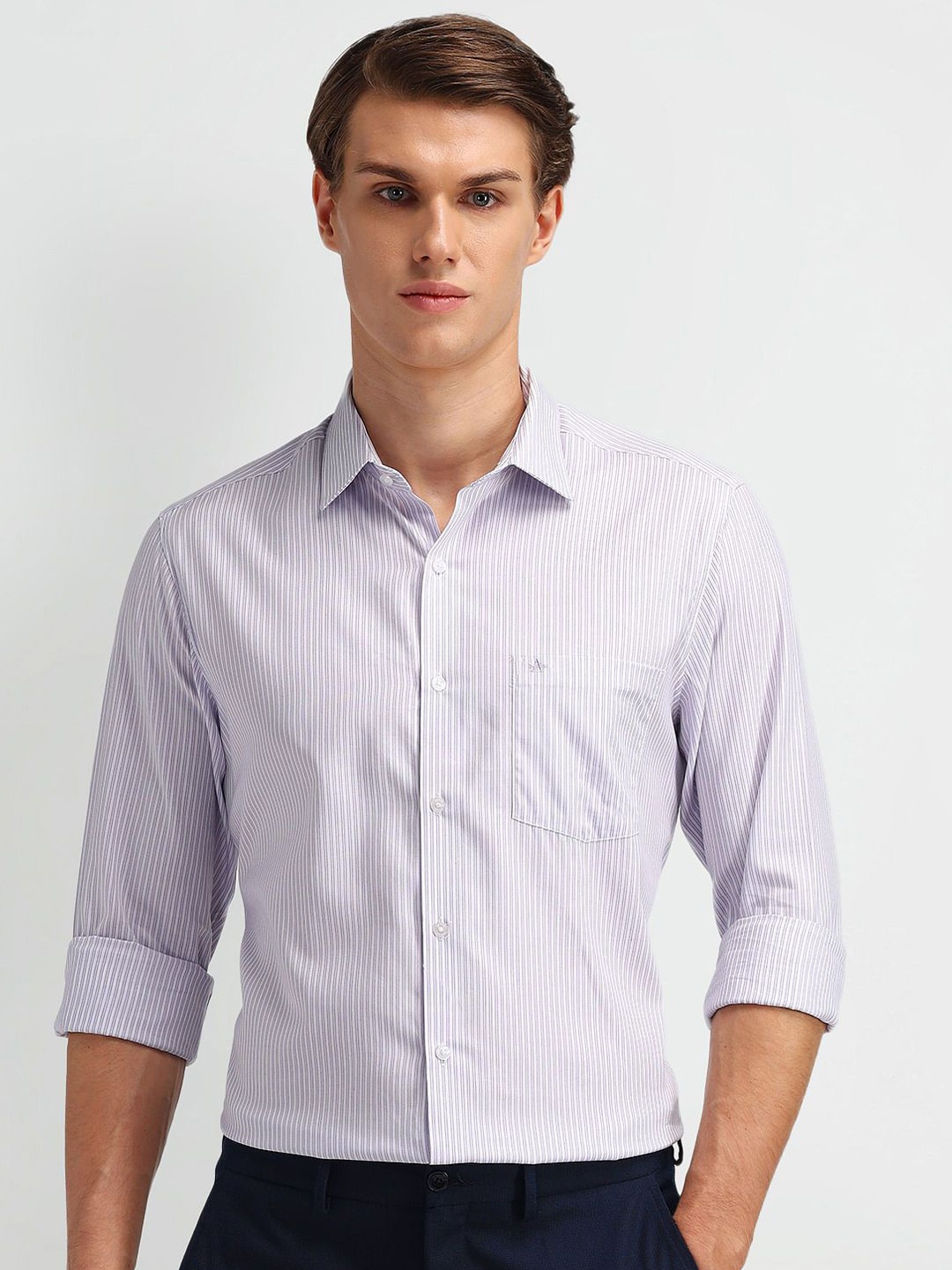 

Arrow Men Modern Slim Fit Pinstripes Opaque Striped Formal Shirt, Violet