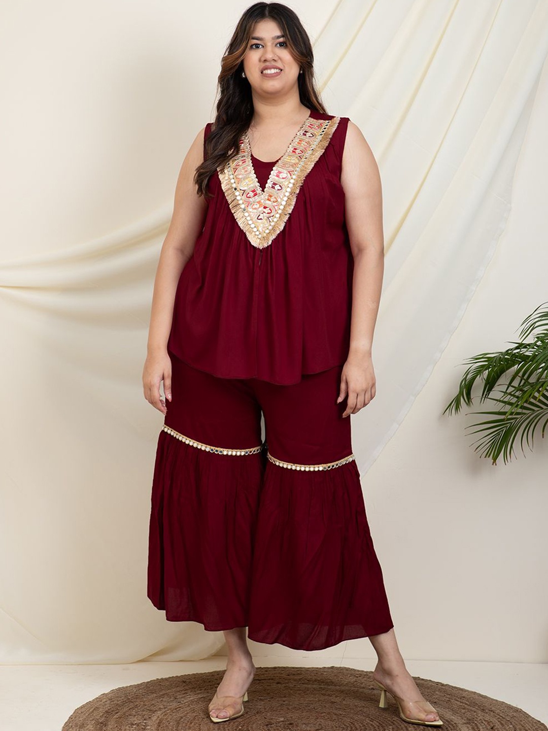 

DEEBACO Plus Size Embellished Top With Sharara, Maroon