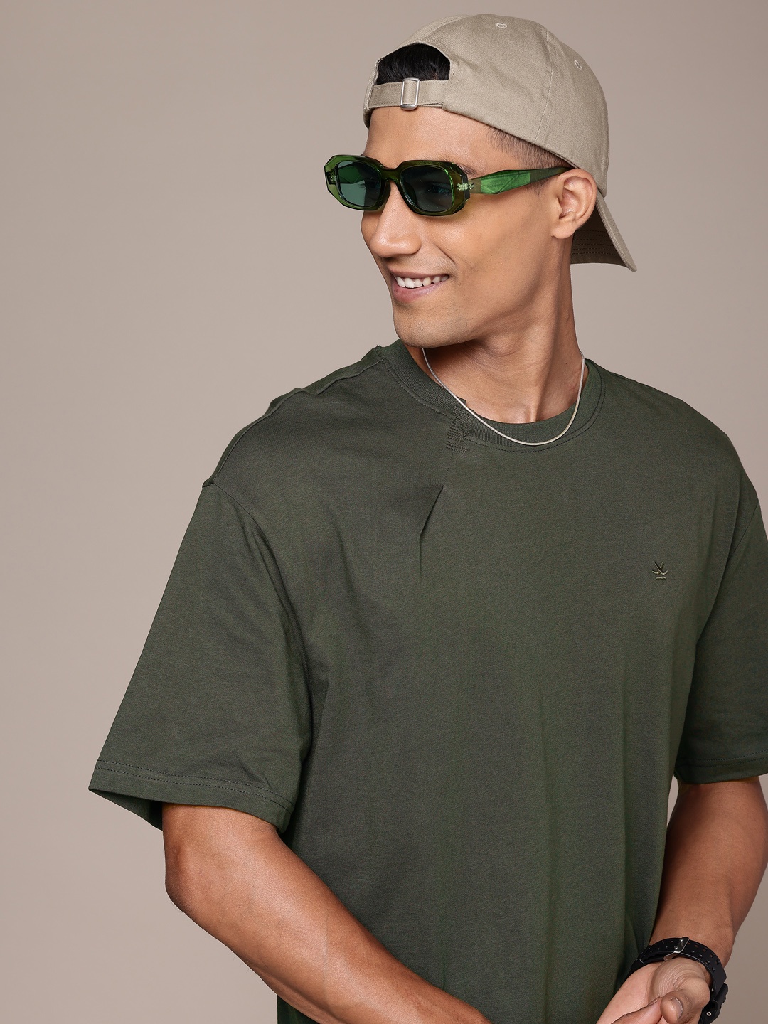 

WROGN Drop-Shoulder Sleeves Pure Cotton Oversized T-shirt, Green