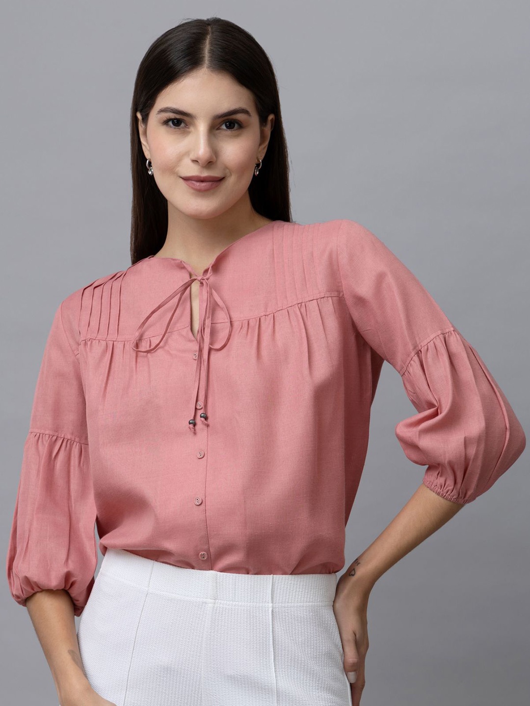 

PURYS WORKSPACE Tie-Up Neck Puff Sleeve Linen Top, Pink