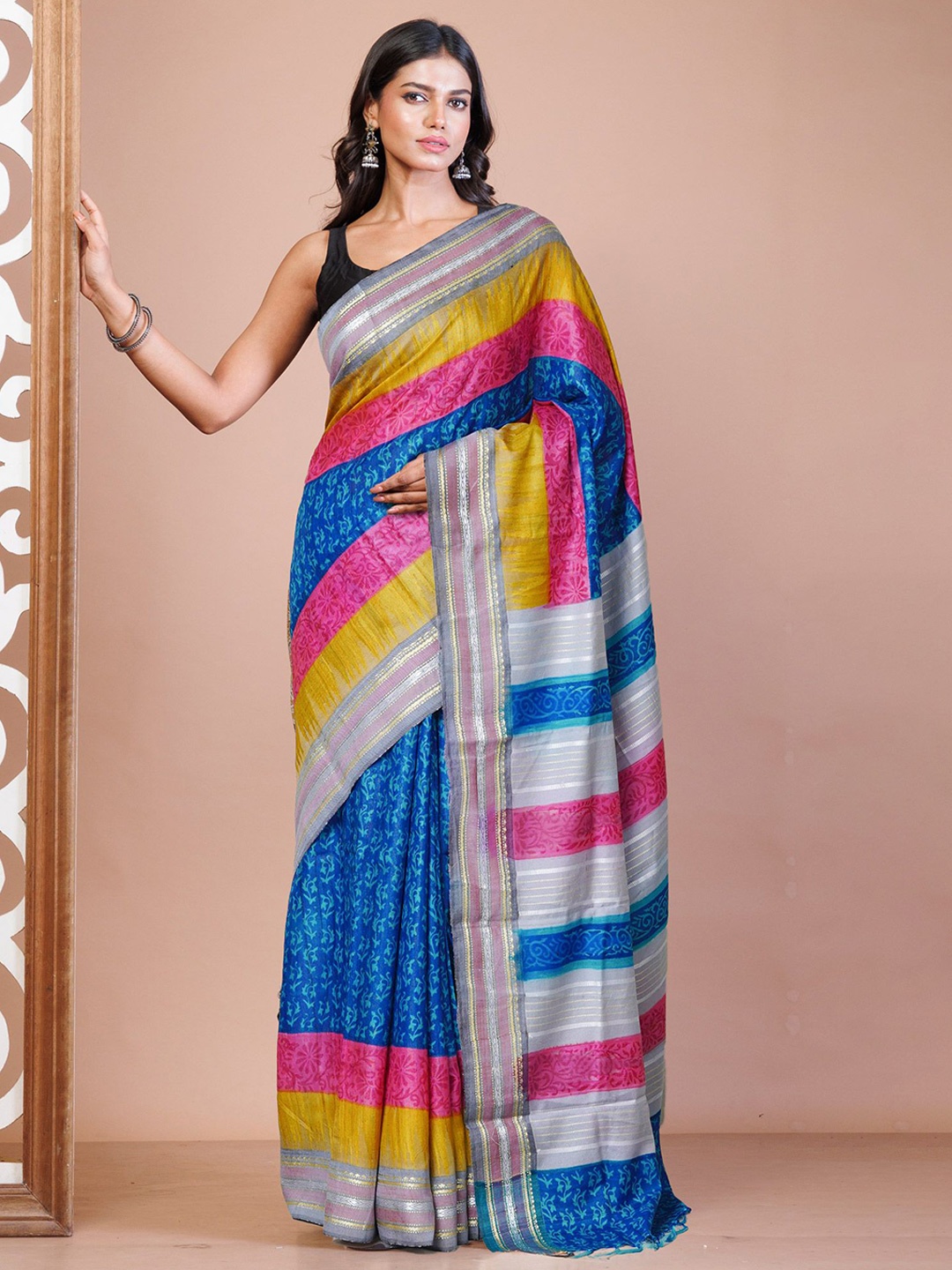 

Unnati Silks Ethnic Motifs Pure Silk Handloom Tussar Saree, Blue