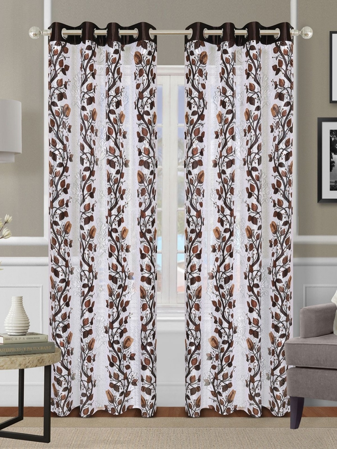 

Myntra Elegant Homes Off White & Brown 2 Pieces Floral Semi Sheer Door Curtains