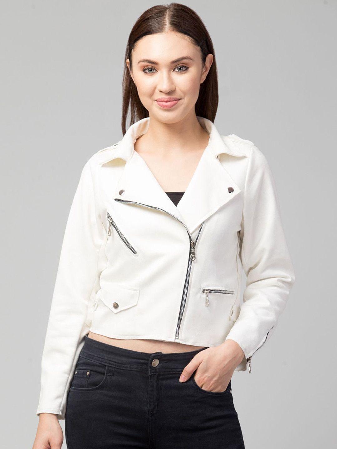 

GalaxyTrendz Women Suede Windcheater Crop Tailored Jacket, White