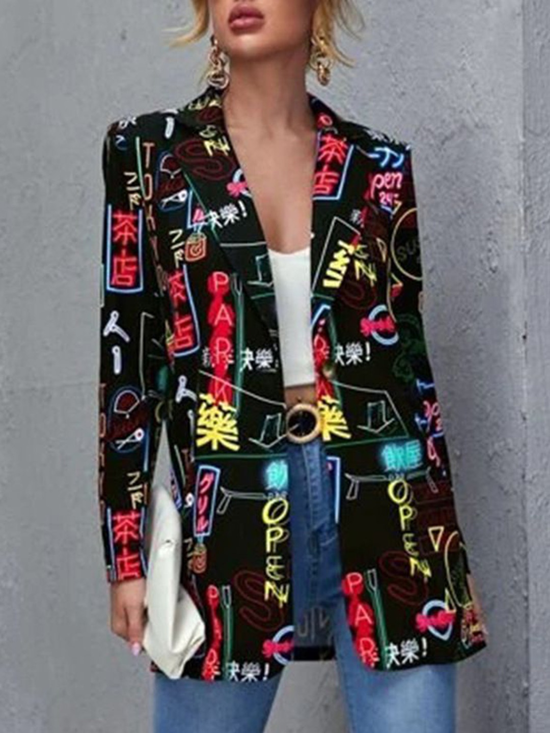 

HERE&NOW Women Longline Tailored Jacket with Patchwork, Black