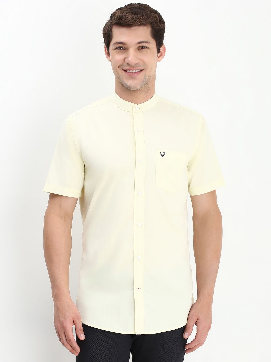 

Allen Solly Men Custom Band Collar Solid Cotton Casual Shirt, Cream