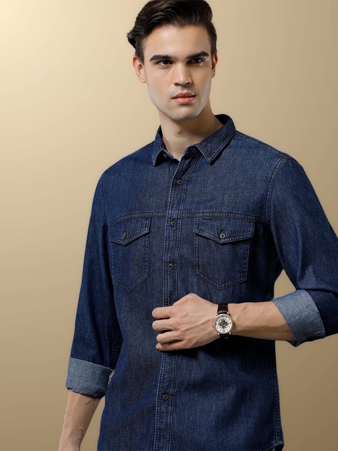 

TEMPLE OF DENIM Men India Slim Spread Collar Solid Denim Casual Shirt, Navy blue