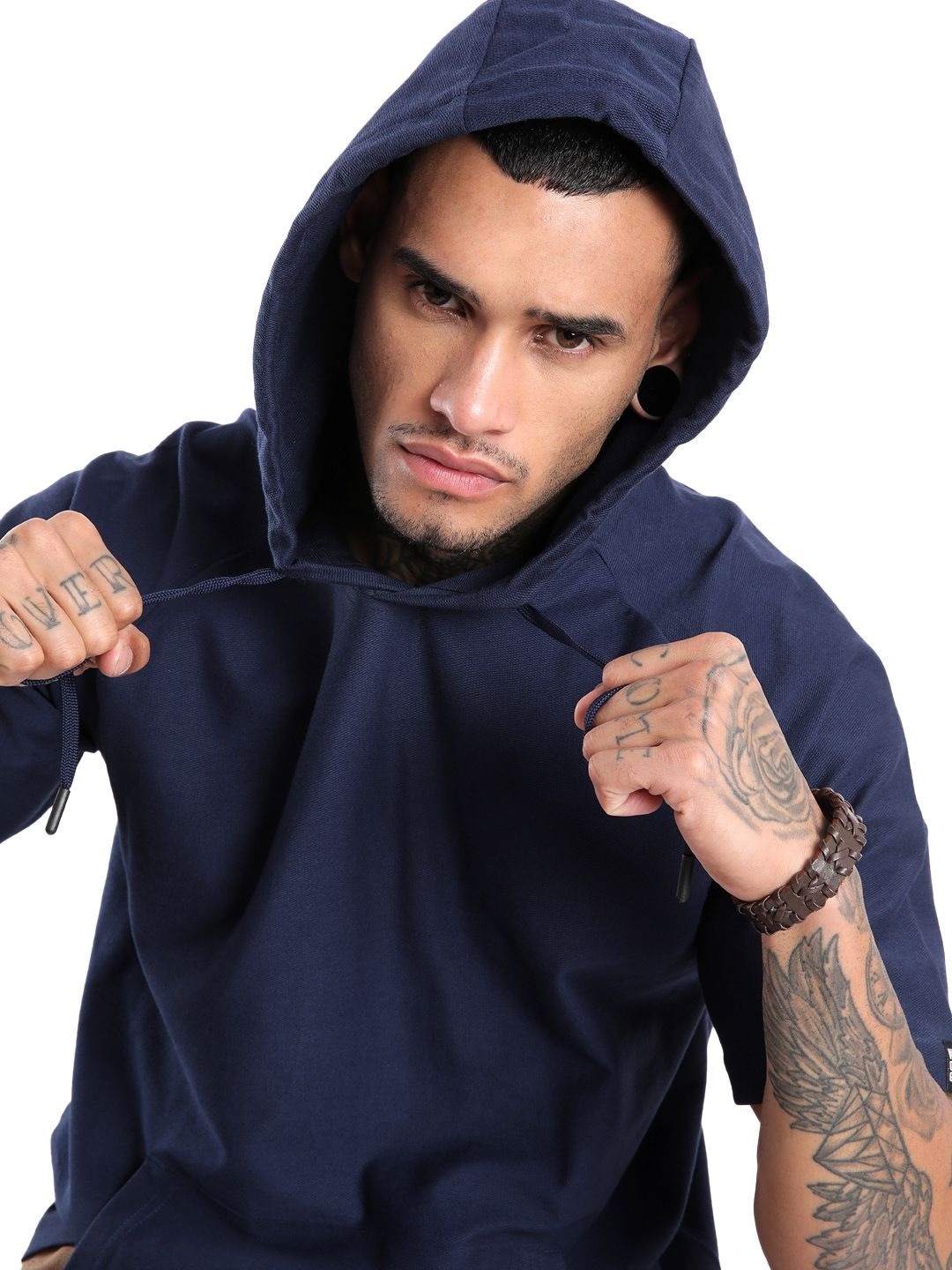 

WROGN Men Hooded Extended Sleeves Pure Cotton =T-shirt, Navy blue